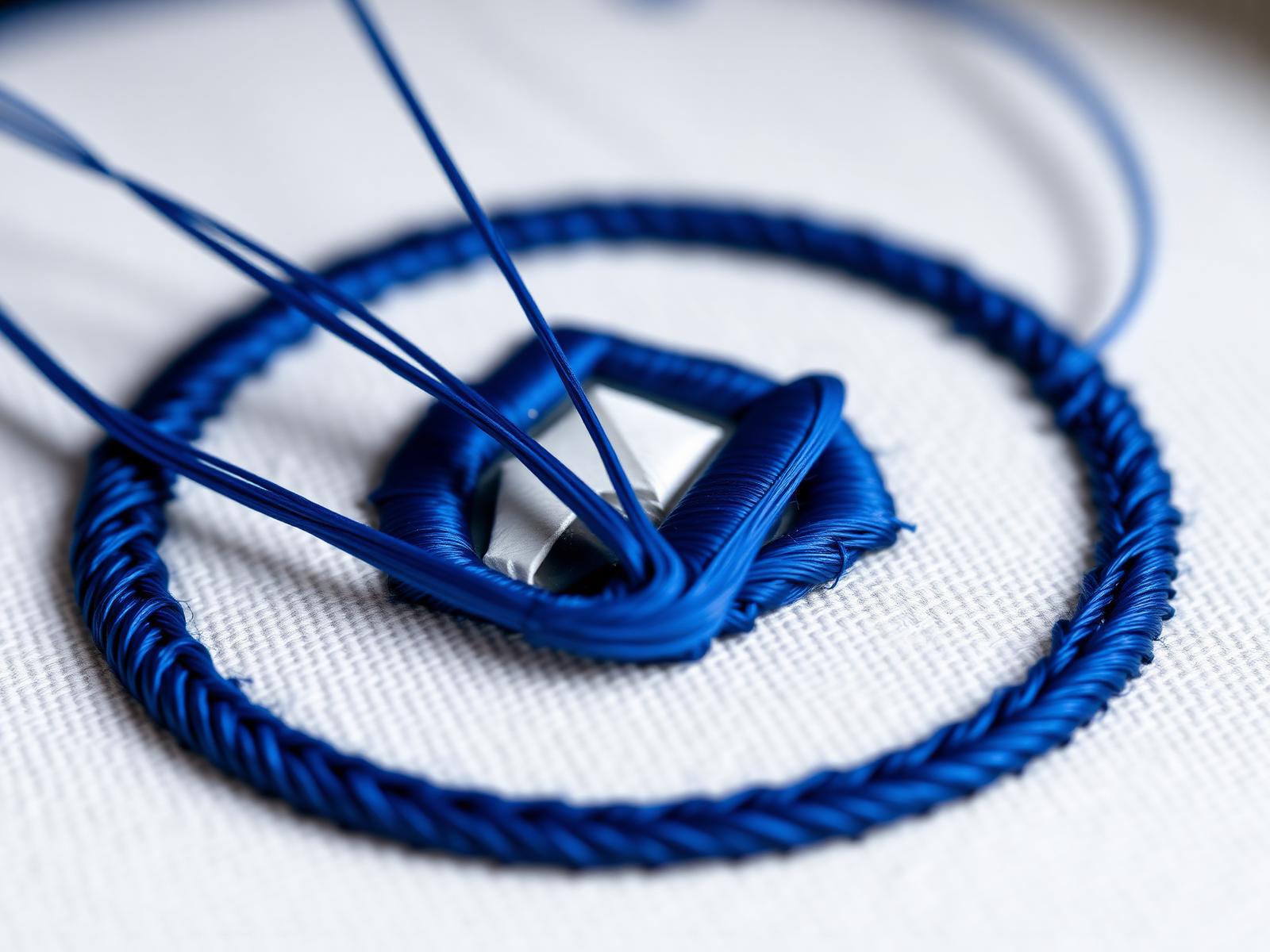 Royal blue embroidery thread stitched into a geometric brand mark on white fabric